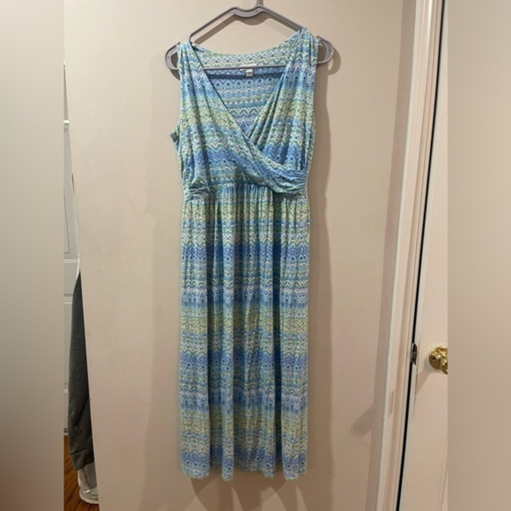 J‎ JILL Surplice Aegean Island Ikat Maxi Sleeveless Dress Blue Green Petite S